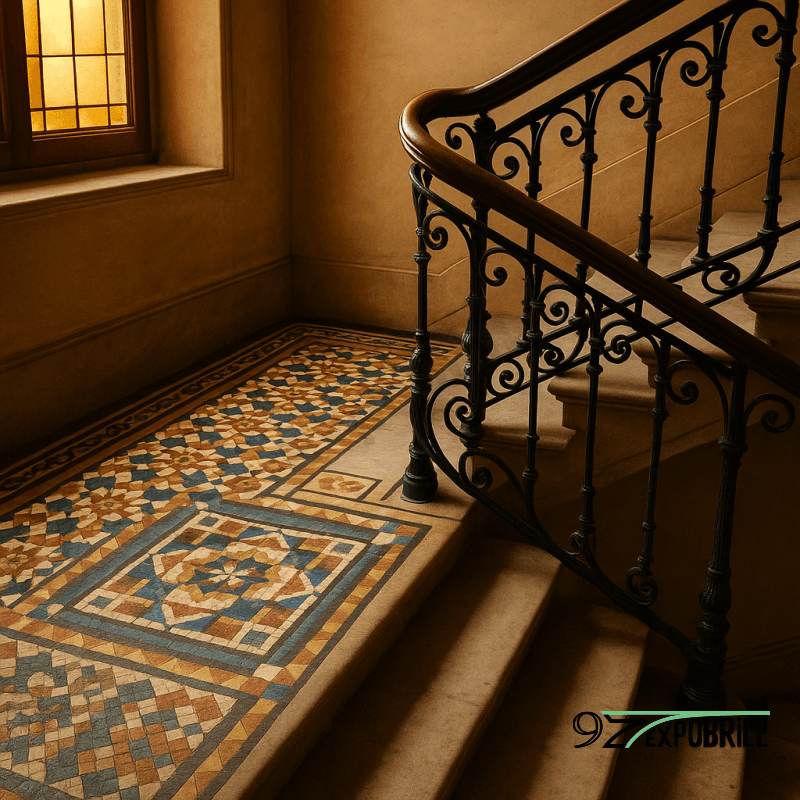 Escalera con mosaico Nolla; detalle de cenefa y escalón restaurados