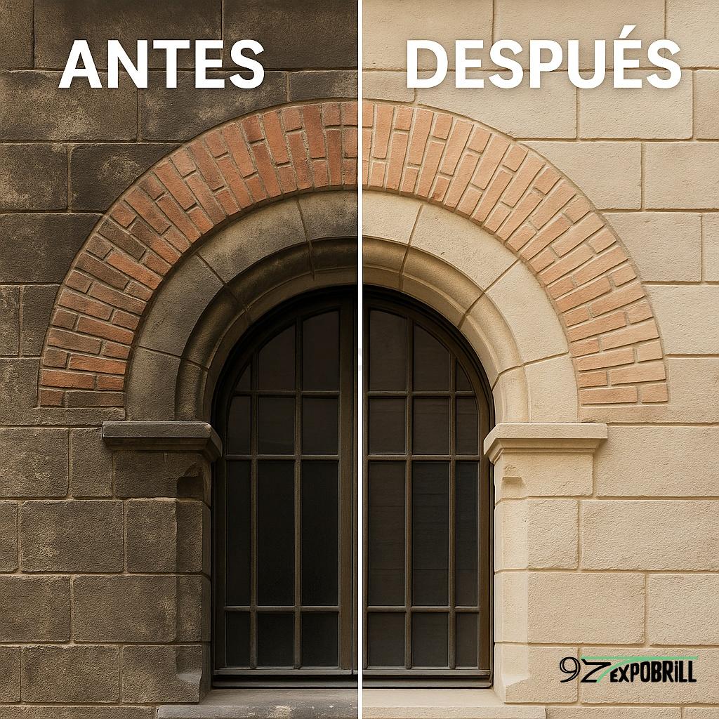 Antes y después de limpieza de arco de piedra y ladrillo en fachada