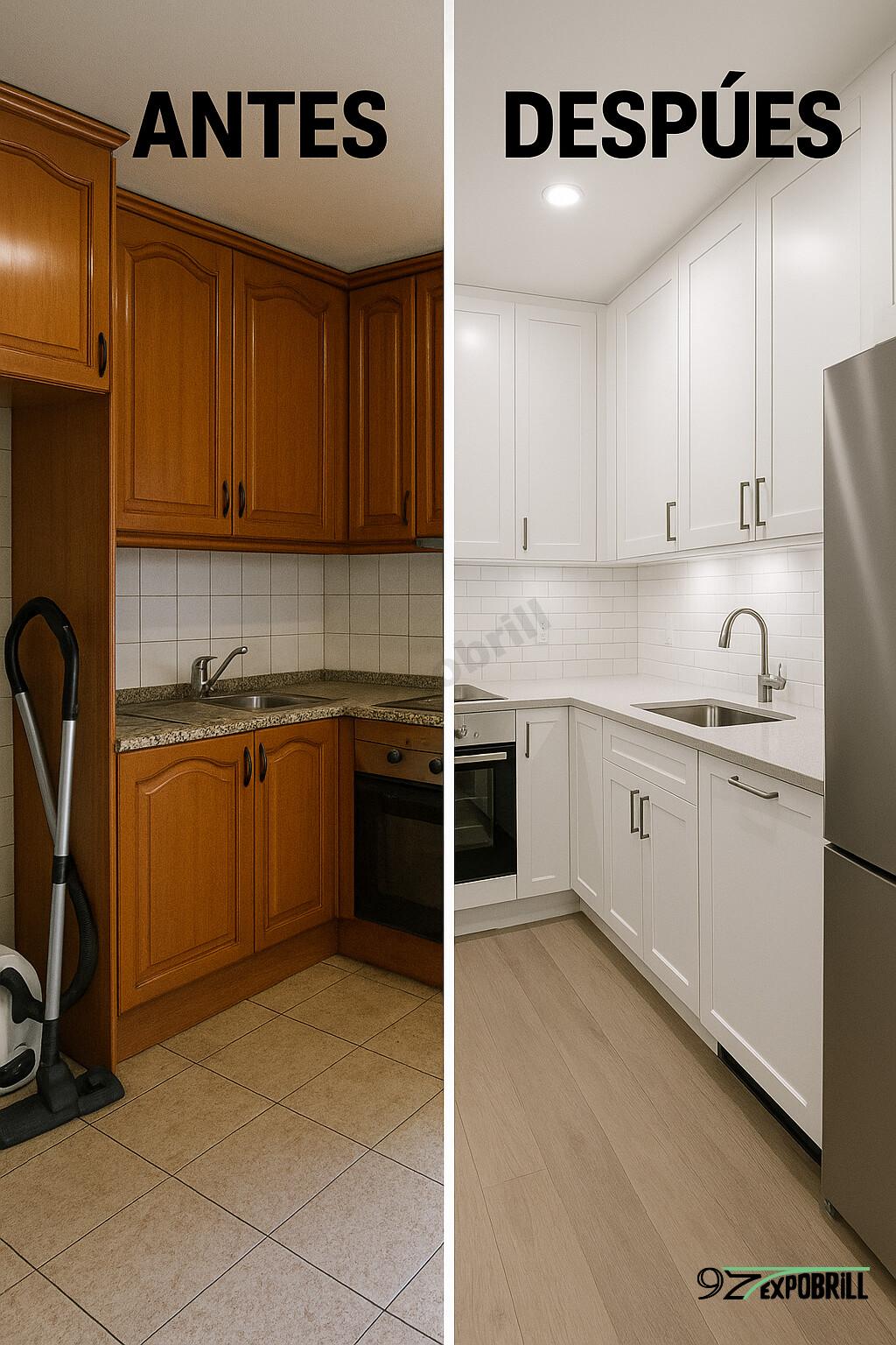 Abans i després de cuina de fusta renovada a cuina blanca moderna
