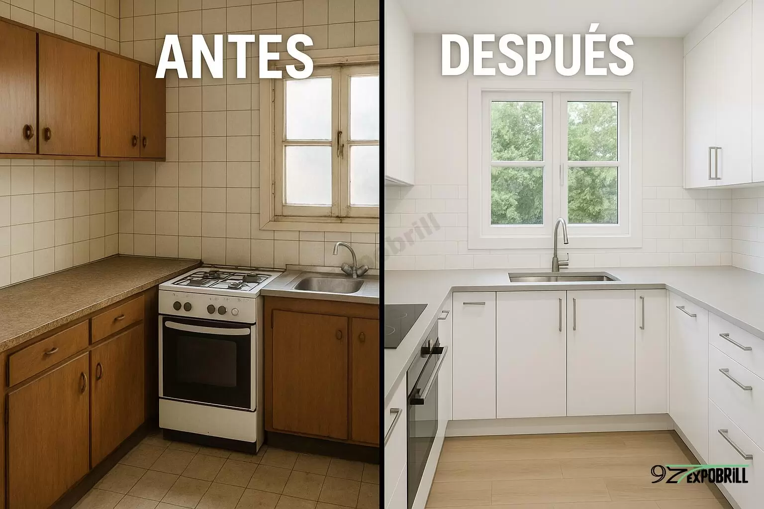 Antes y después de cocina reformada para vivienda en Barcelona
