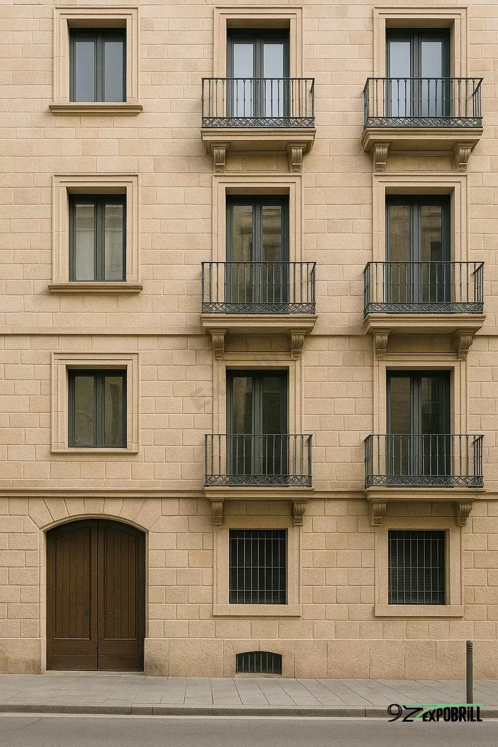 Fachada limpia con balcones y puerta de madera tras trabajos de rehabilitación