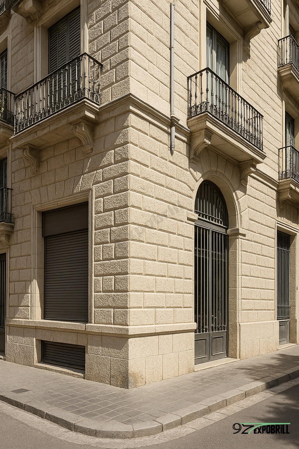 Fachada de piedra con balcones para limpieza técnica en Barcelona
