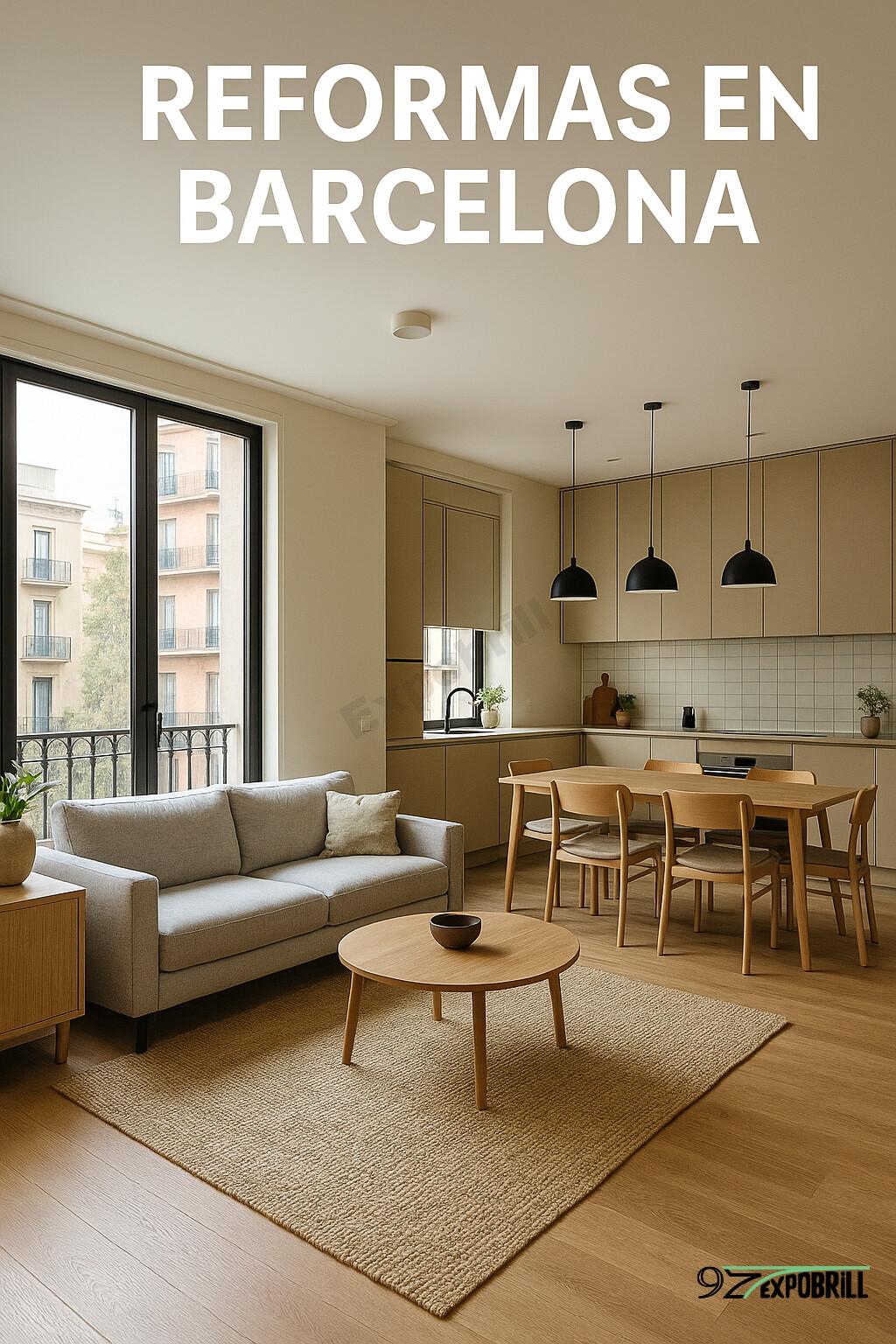 Reforma integral al Maresme de sala d’estar i cuina càlida amb sofà, taula i cuina oberta