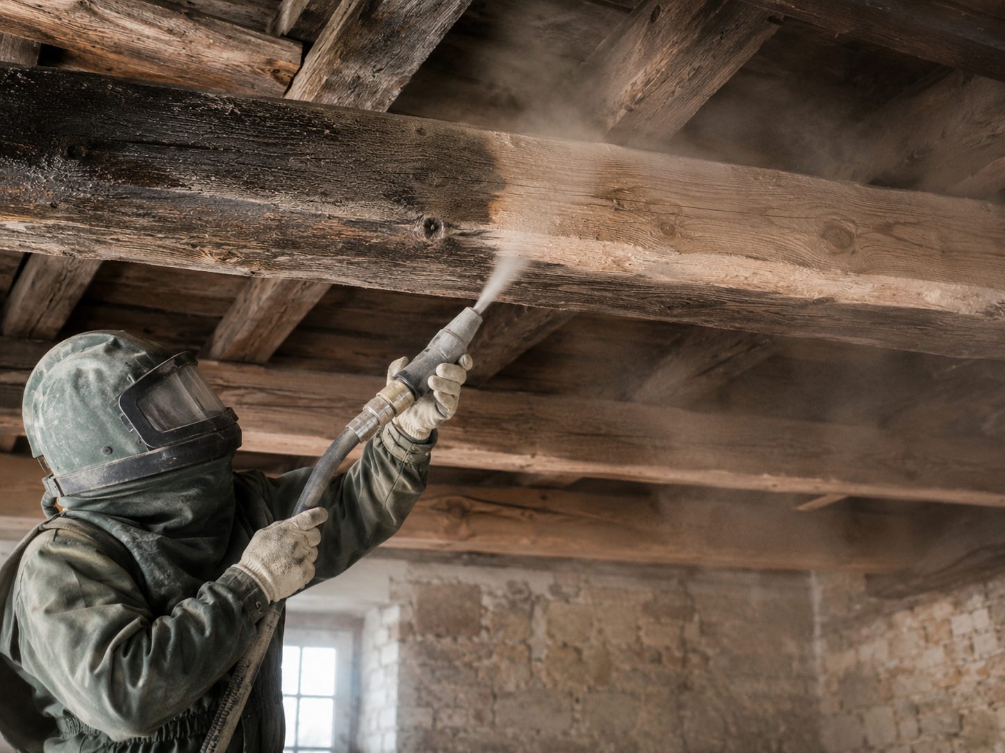 Limpieza de vigas de madera con chorro de arena en interior antiguo