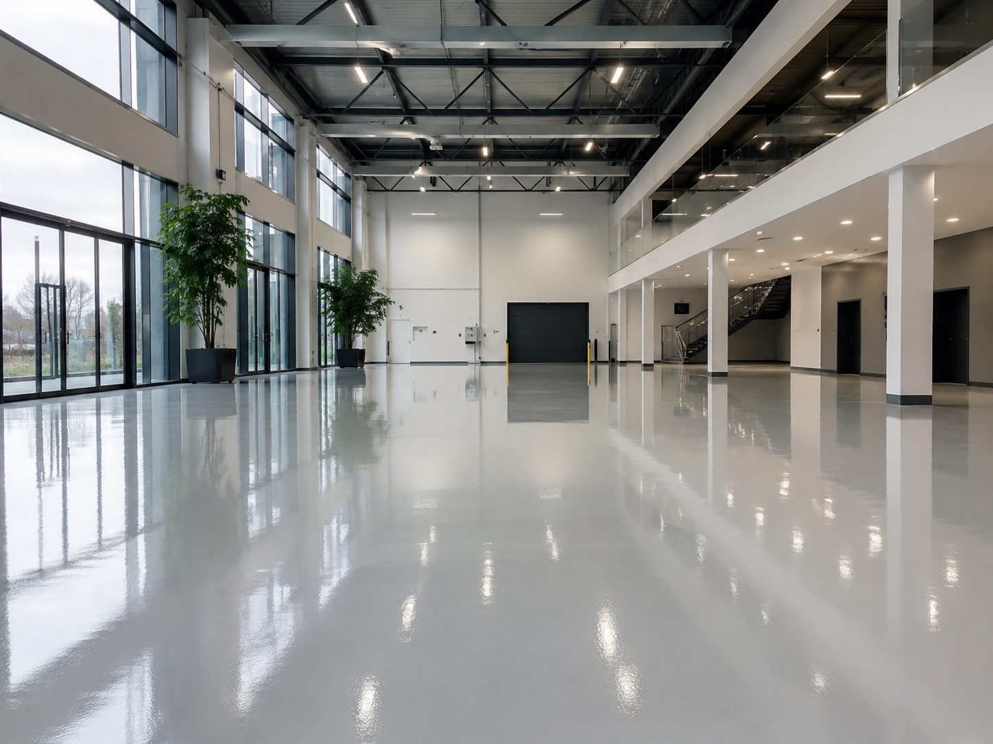 Nave industrial con suelo de resina epoxi brillante y continuo