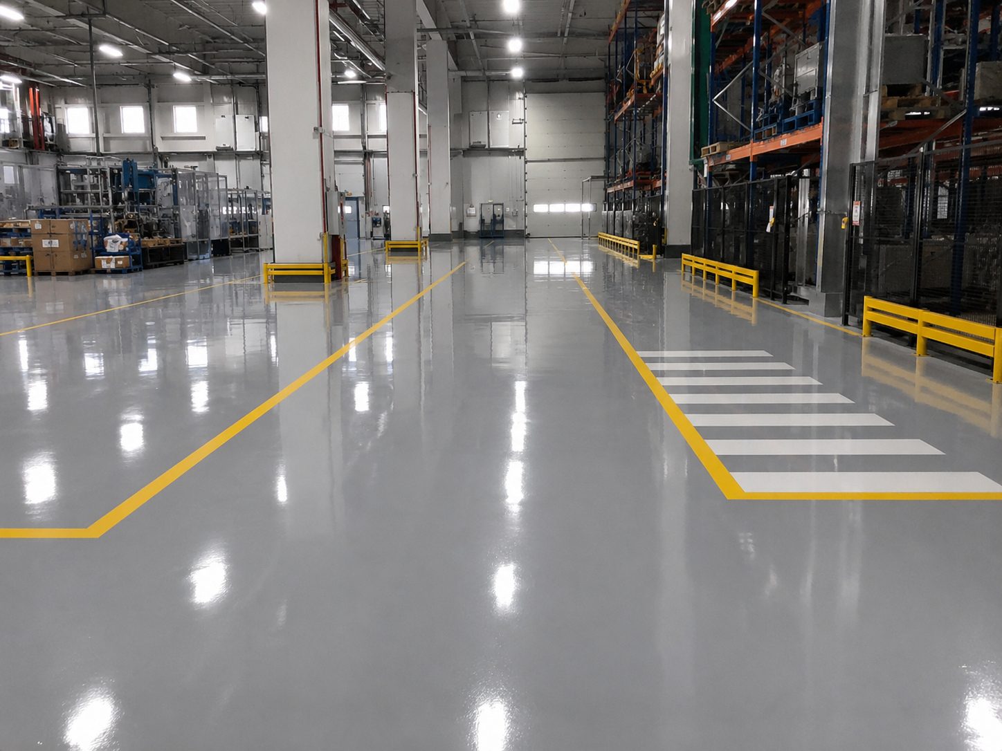 Pavimento epoxi antideslizante con líneas de seguridad en zona industrial