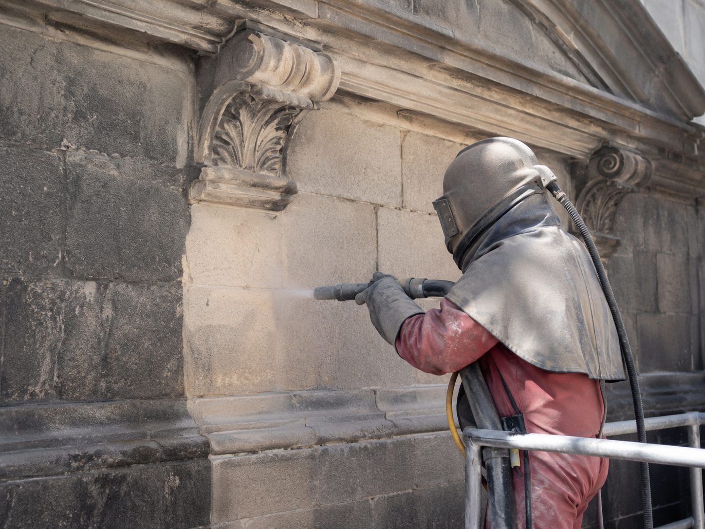 Restauración de fachada de piedra mediante chorro de arena controlado