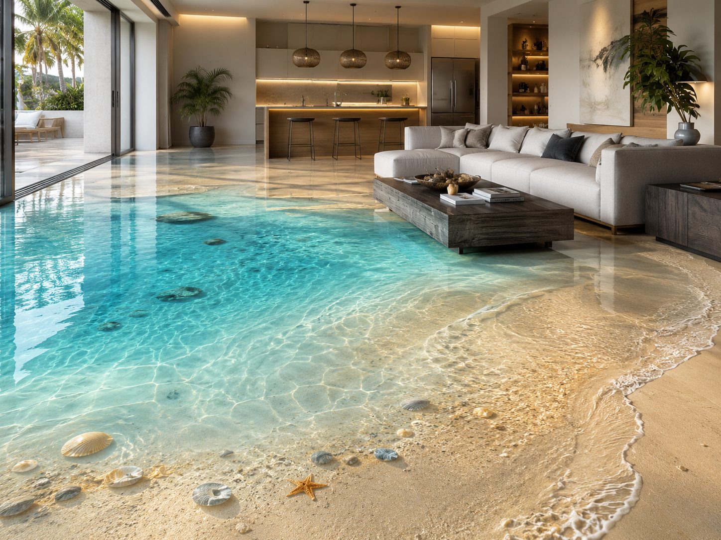 Terra epoxi 3D decoratiu amb efecte platja i acabat brillant
