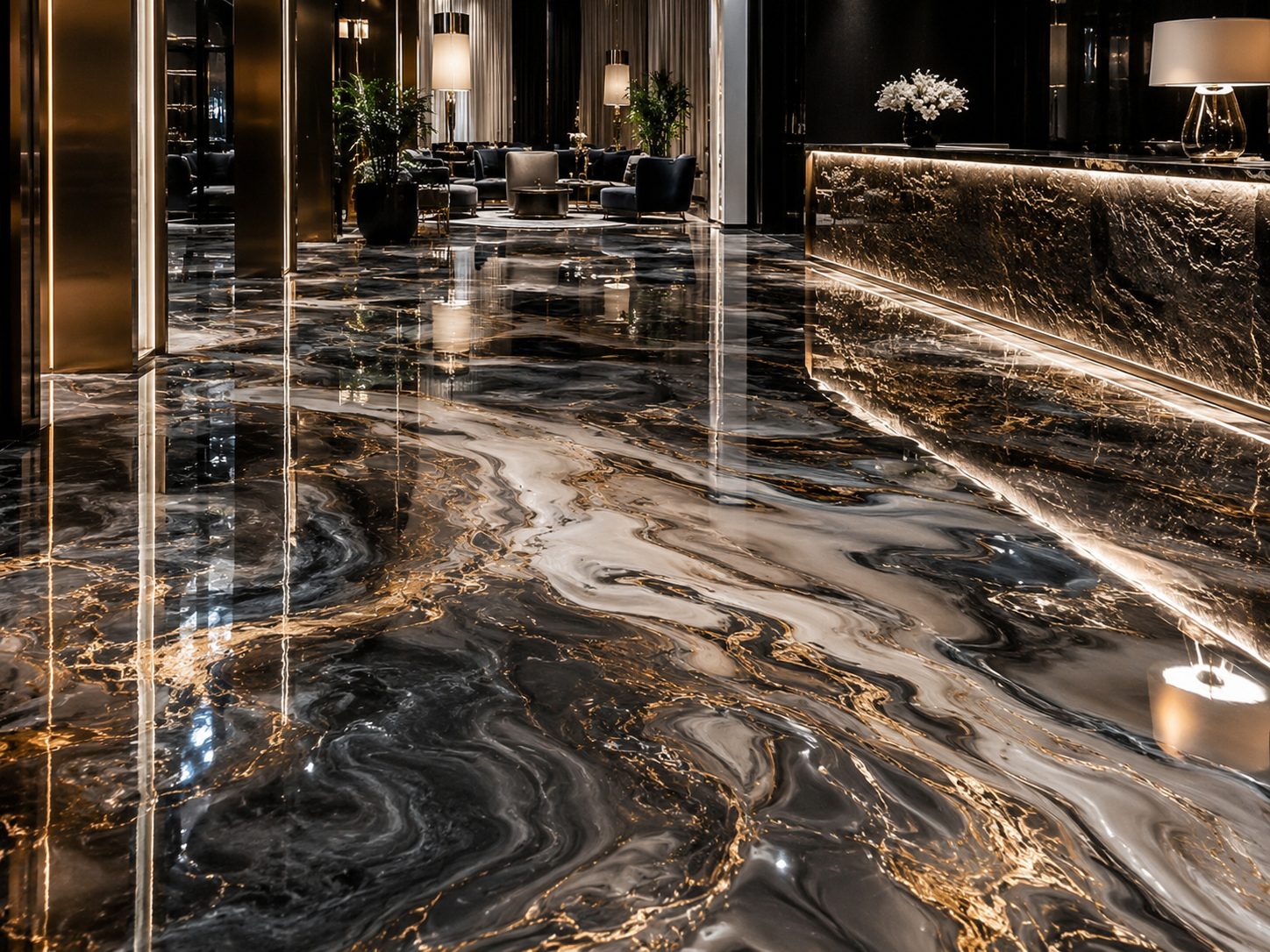 Paviment epoxi decoratiu negre amb vetes daurades per a interiors de luxe