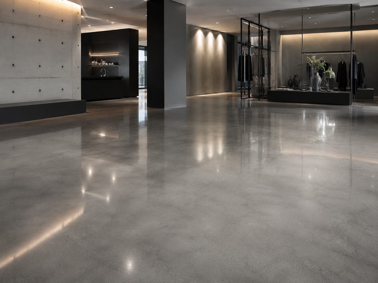 Showroom moderno con suelo de hormigón pulido satinado y acabado continuo