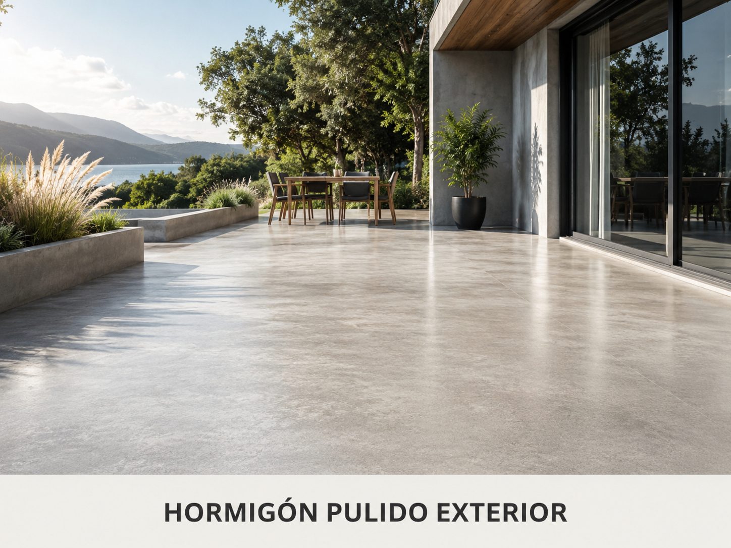Terraza con suelo de hormigón pulido exterior en acabado continuo